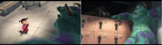 Die Monster AG: Gegenüberstellung von zwei Szenenbildern: Kinks: Ein kleines Mächen mit Zöpfen steht in einer Umkleidekabine und zeigt auf ein türkisfarbenes, zotteliges Monster, das am rechten Bildrand in der Rückenansicht zu erkennen ist. Erschreckt schaut es auf das Mädchen herab. Rechts: Das türkisfarbenes Monster drückt sich mit angsterfüllten Gesicht gegen eine Schrankwand. (© Disney/Pixar)