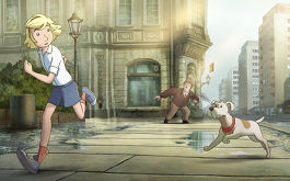 Fritzi – Eine Wendewundergeschichte, Szenenbild aus dem Zeichentrickfilm: Das Mädchen Fritzi und ein weißer Hund laufen auf der Straße vor einem dunkel gekleideten Mann weg. (© Weltkino Filmverleih)