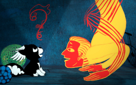 Die fabelhafte Reise der Marona, Szenenbild, Zeichentrick: Ein kleiner, schwarz-weißer Hund steht einem orange-gelben Akrobaten gegenüber, der auf seinen Händen steht. (© Luftkind Filmverleih)