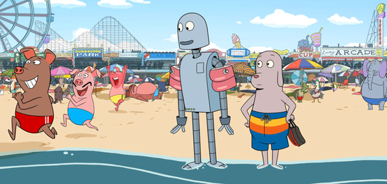 Szenenbild aus dem Animationsfilm ROBOT DREAMS: Ein Hund in gestreifter Badehose und ein Roboter mit Schwimmflügeln stehen nebeneinander am Strand von Coney Island/New York. Um sie herum sind andere Tiere, etwa spielende Ferkel, zu sehen. (© Plaion Pictures)