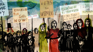 Sultanas Traum, Szenenbild aus dem Animationsfilm: Frauen stehen während einer Demonstration nebeneinander. Sie halten Schilder mit Aufschriften wie &quot;Education for Girls Now&quot; (deutsch: Bildung für Mädhen jetzt!) oder &quot;Votes got women&quot; (deutsch: Wahlrecht für Frauen) steht. (© Luftkind Filmverleih)