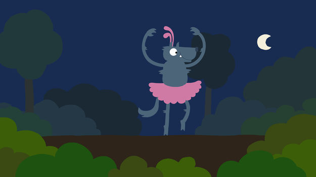Animanimals, Szenenbild aus dem Zeichentrickfilm, Episode Wolf: Ein grauer Wolf tanzt bei Mondschein im Wald Ballett. Er tragt ein rosafarbenes Tütü. (© Animanimals / Julia Ocker / Studio Film Bilder)