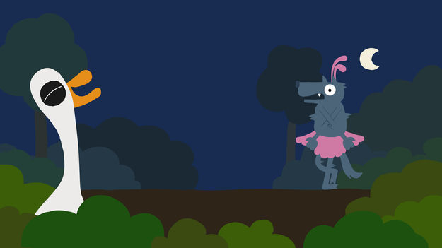 Animanimals, Szenenbild aus dem Zeichentrickfilm, Episode Wolf: In einem Wald am rechten Bildrand steht ein Wolf. Er trägt ein rosafarbenes TütÜü und verschränkt seine Arme. Er sieht erschrocken aus. Am linken Bildrand steht in einem Busch eine Gans und lacht. (© Animanimals / Julia Ocker / Studio Film Bilder)
