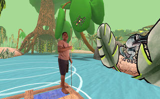 Meine Wunderkammern – VR Experience, Szenenbild: Eine Junge fährt auf einem Floss auf einem Fluss. Während er als reale Person zu sehen ist, sind der Fluss und der umgebende Urwald gezeichnet oder am Computer generiert.  (© expanding focus GmbH)