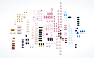 In a Nutshell, Szenenbild: Pillen und Tabletten in verschiedenen Farben und Formen sind zu einem grafischen Muster angeordnet (© Fabio Friedli)