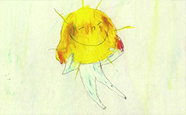Patouille, Szenenbild aus einem Zeichentrickfilm: Eine kindliche, mit Bleistift gezeichnete Figur sitzt auf dem Boden. Ihr großer Kopf strahlt gelb wie eine Sonne. (© Clémentine Campos)
