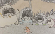 Monstersinfonie, Szenenbild aus einem Zeichentrickfilm: Vier große Monster mit aufgerissen Mäulern stehen nebeneinander auf einer Waldlichtung. Vor ihnen steht in der Rückenansicht ein kleines Mädchen mit einem Taktstock. (© Filmakademie Baden-Württemberg)