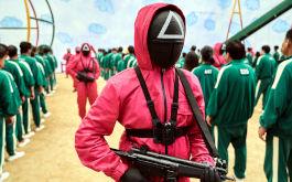 Squid Game, Szenenbild: Maskierte, in pinkfarbenen Anzügen gekleidete und mit Gewehren bewaffnete Personen stehen in einer Masse grün gekleideter Männer und Frauen. (© Netflix)