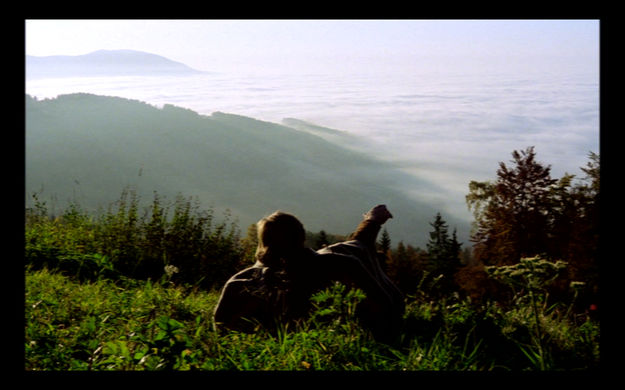 Herz aus Glas, Szenenbild: Ein Mann, in der Rückenansicht aufgenommen, sitzt auf einem Berg im Gras. Er blickt auf ein Bergpanorama. (© Werner Herzog Film)