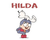 Hilda (© Netflix), Plakatmotiv aus einer Animationsserie: Ein Mädchen mit langen, blauen Haaren und roten Stiefeln schaut nach oben, auf ihrem Kopf sitzt ein kleiner Hund.