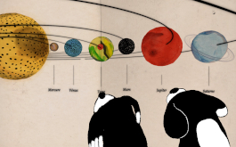 Die fabelhafte Reise der Marona, Szenenbild, Zeichentrick: Zwei Hunde stehen in der Rückenansicht am unteren rechten Bildrand und betrachten ein Modell des Planetensystems. (© Luftkind Filmverleih)