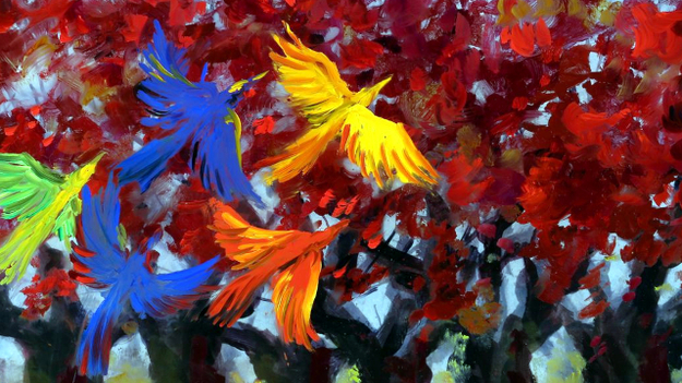 Die Odyssee, Szenenbild aus dem Animationsfilm: Bunte Vögel fliegen vor Bäumen mit rotem Laub in die Lüfte. (© Grandfilm)