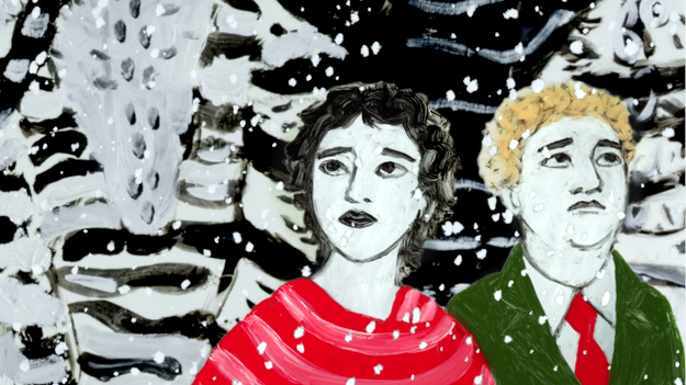 Die Odyssee, Szenenbild aus dem Animationsfilm, Nahaufnahme: Ein dunkelhaariges Mädchen und ein blonder Junge stehen nebeneinander in einem verschneiten Wald. (© Grandfilm)