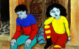 Die Odyssee, Szenenbild aus dem Animationsfilm: Ein Mädchen und ein Junge sitzen auf der Stufe eines Gebäudes. Sie wirken niedergeschlagen. (© Grandfilm)