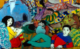 Die Odyssee, Szenenbild aus dem Animationsfilm: Verschieden gekleidete Menschen sitzen oder liegen auf dem Boden. Ein Mädchen und ein liegender Junge schauen die Betrachtenden direkt an. (© Grandfilm)