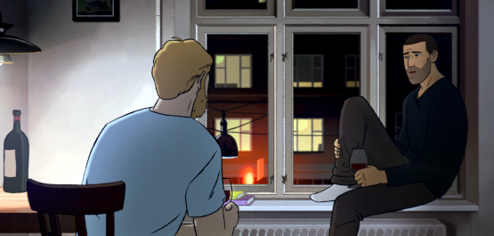 Flee, Szenenbild aus dem animierten Dokumentarfilm: Ein dunkelhaariger Mann sitzt nachts in einem Zimmer auf einem Fensterbrett und unterhält sich mit einem blonden Mann, der in der Rückenansicht zu sehen ist. (© Final Cut for Real)