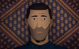 Flee, Szenenbild aus dem animierten Dokumentarfilm: Nahaufnahme eines Mannes mit dunklem Haar und Dreitagebart, der Hintergrund ist ein gemusterter Teppich (© Final Cut for Real)
