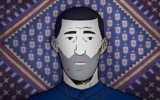 Flee, Szenenbild aus dem animierten Dokumentarfilm: Nahaufnahme eines Mannes mit dunklem Haar und Dreitagebart, der Hintergrund ist ein gemusterter Teppich (© Final Cut for Real)