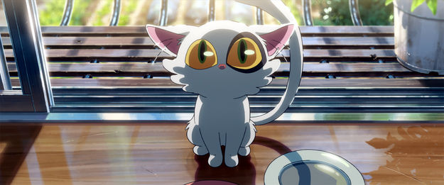 Suzume, Szenenbild aus dem Anime: Nahaufnahme eines weißen Kätzchens mit sehr großen Augen. Es sitzt auf einer Fensterbank und schaut leicht nach oben. (© SUZUME Film Partners, 2023)