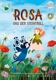 Plakat zum Animationsfilm Rosa und der Steintroll: Ein gezeichnetes Bild von einer bunten Blumenwiese; darüber schwebt eine Fee mit einem blumenartigen Kleid und ein blau gekleidetes Schmetterlingsmädchen. Sie halten einander an den Händen. (© Kinostar Filmverleih)