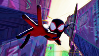 Spider-Man: Across the Spider-Verse, Szenenbild aus dem Animationsfilm: In einer Häuserschlucht, die in der Untersicht zu sehen ist, fliegt der maskierte Spider-Man mit einer ausgestreckten Hand auf den Betrachtenden zu. (© 2023 CTMG, Inc. All Rights Reserved)