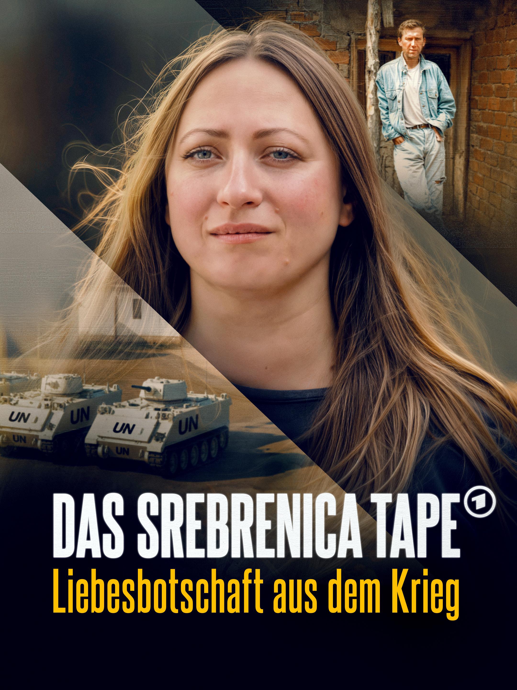 Cover zum Dokumentarfilm DAS SREBRENICA TAPE: Collage: Im Mittelpunkt steht das Gesicht einer Frau um die 40 mit ernstem Blick. Auf zwei weiteren Bildern sind UN-Panzer sowie das Bild eines Mannes zu sehen. 