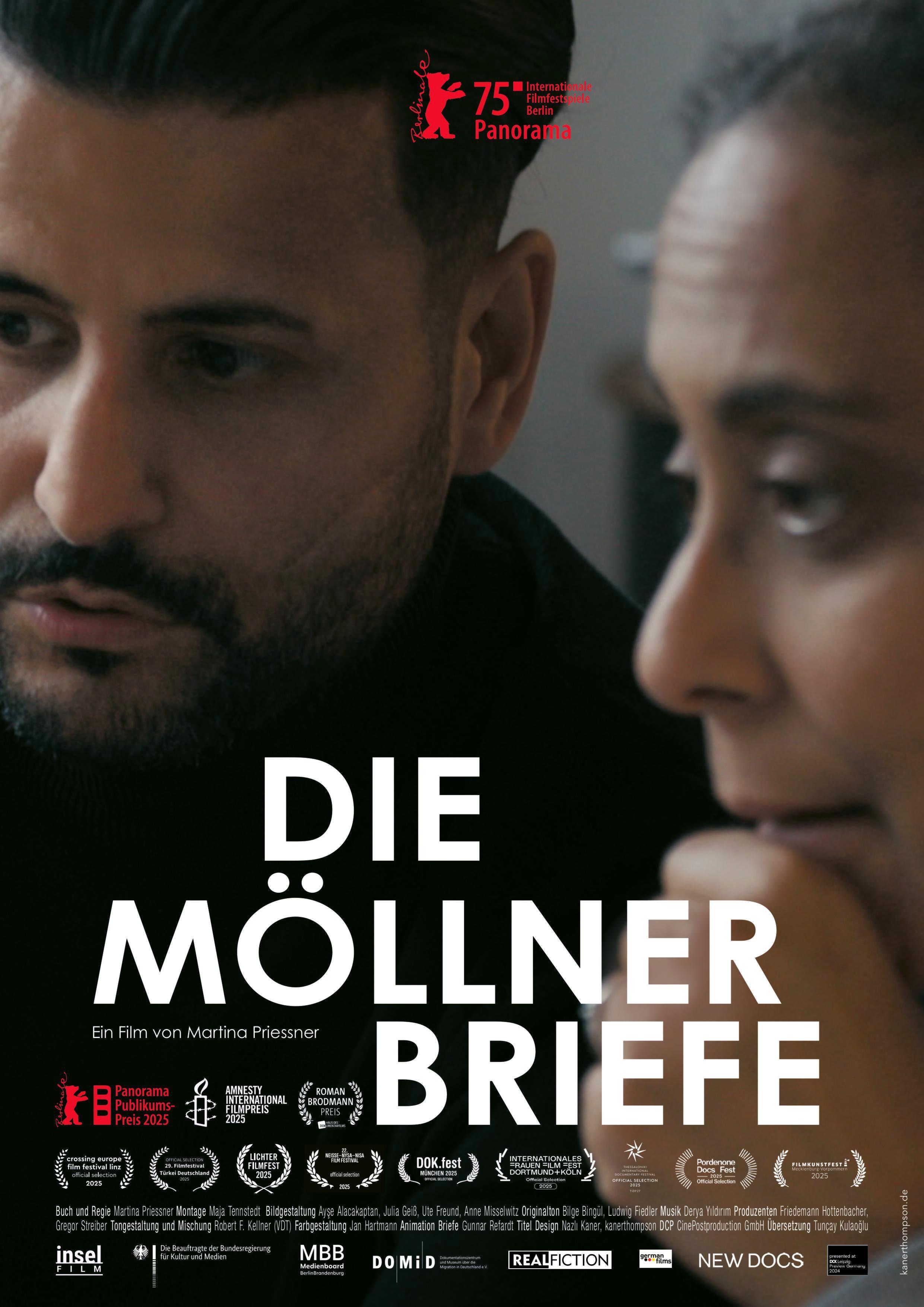Plakat zum Dokumenarfilm DIE MÖLLNER BRIEFE: Großaufnahmen eines Mannes und einer Frau, die nebeneinander zu sehen sind. In der unteren Hälfte steht in großen weißen Buchstaben der Filmtitel.