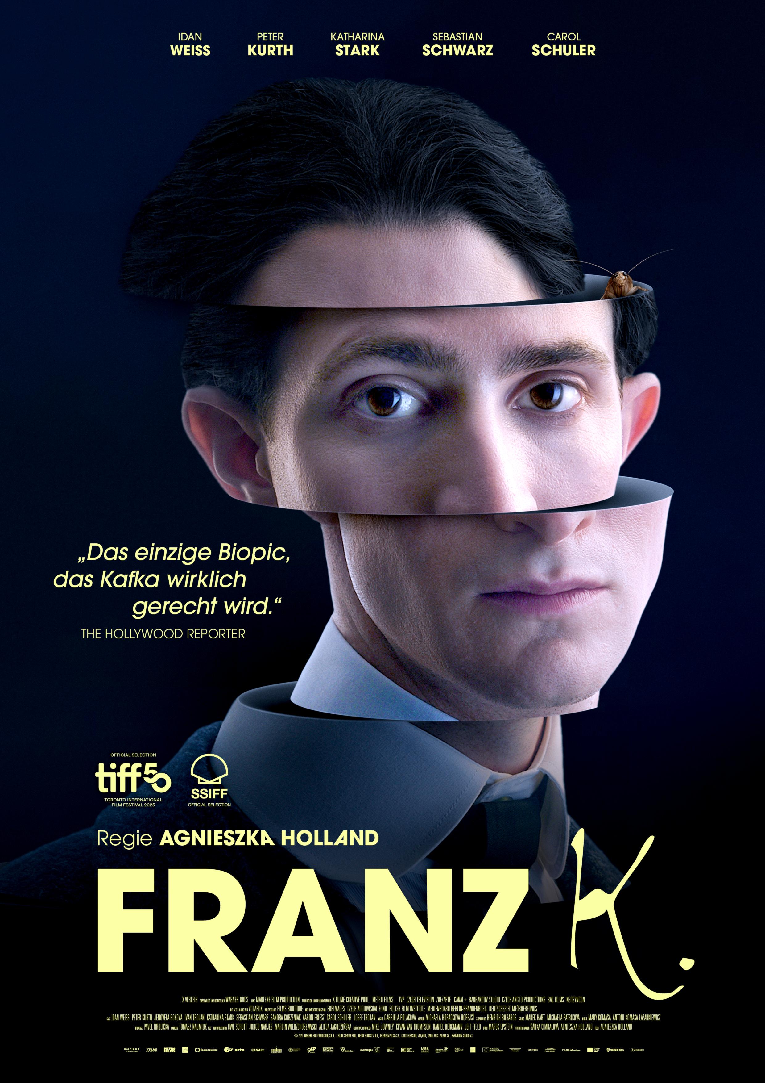 Filmplakat zum Biopic FRANZ K.: Das Gesicht eines Mannes, der wie Franz Kafka aussieht, ist in drei Teile zerschnitten und verschoben. Darunter steht in gelben Buchstaben der Filmtitel.