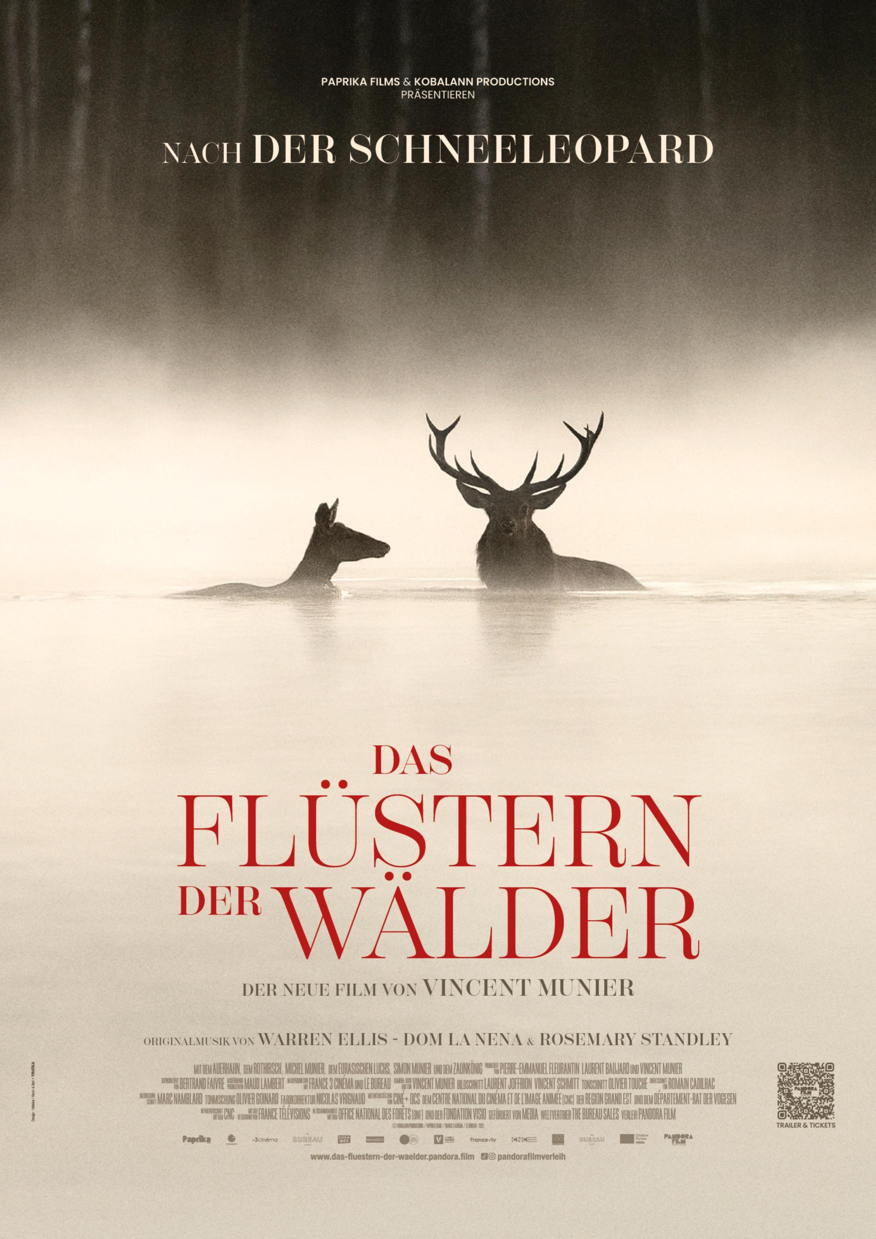 Pakat zum Dokumentarfilm DAS FLÜSTERN DER WÄLDER: Ein Hirsch und ein Reh stehen im Morgennebel in einem Fluss. Darunter steht der Filmtitel.