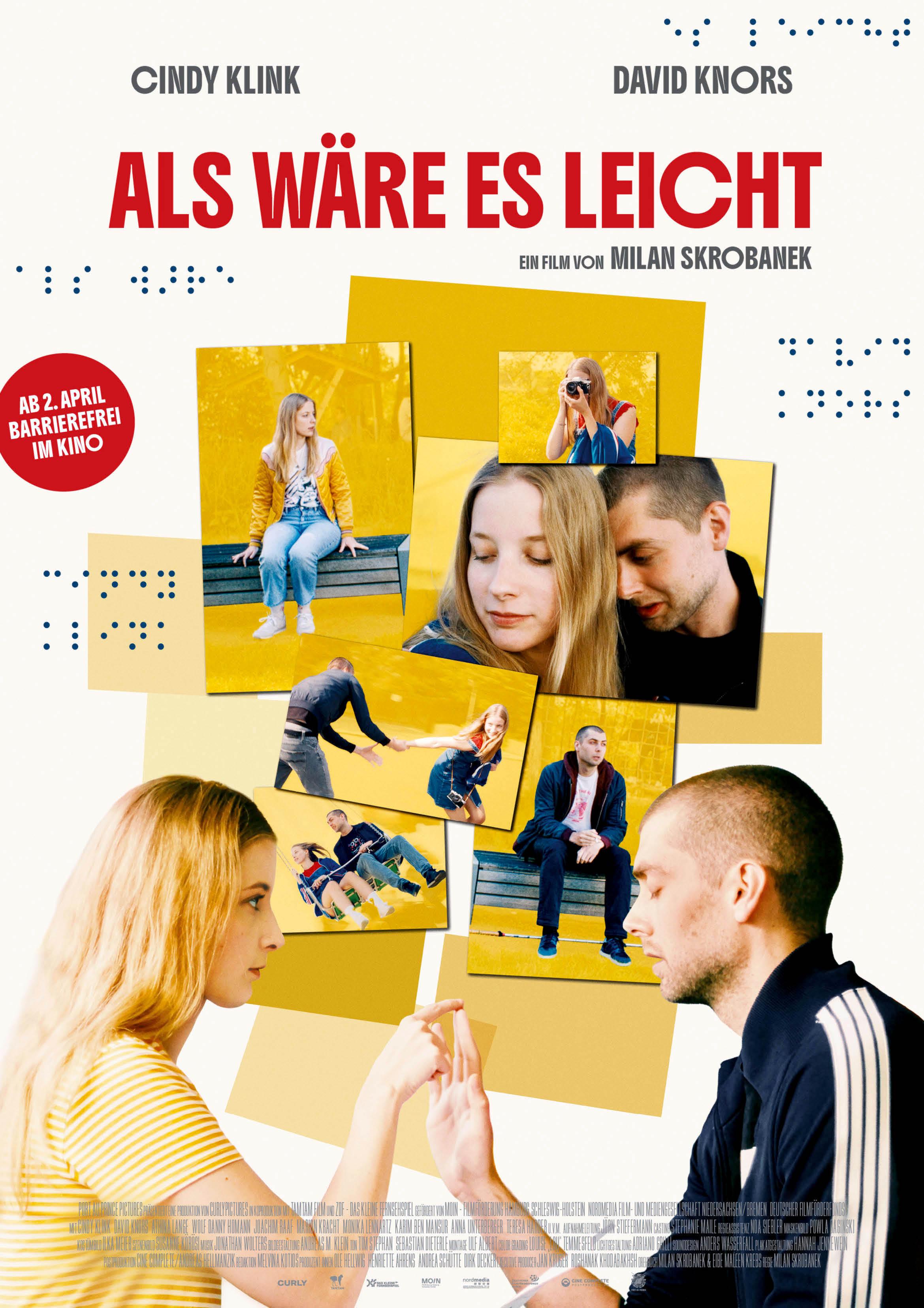 Filmplakat zum Drama ALS WÄRE ES LEICHT: Im Vordergrund sind im Profil eine junge Frau und ein junger Mann zu sehen, der seine Augen geschlossen hat. Sie berühren sich an den Händen. Im Hintergrund ist eine Collage aus Fotos zu sehen, auf denen die beiden mal allein, mal zu zweit zu sehen sind. Der Filmtitel steht in großen roten Buchstaben ganz oben über den Bildern.