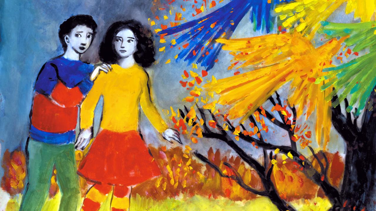 Szenenbild aus dem Animationsfilm "Die Odyssee": Ein Junge und ein Mädchen am linken Bildrand laufen vor grauen Himmel nach rechts. Dort fliegen Vögel in Orange, Blau, Grün und Gelb nach oben.