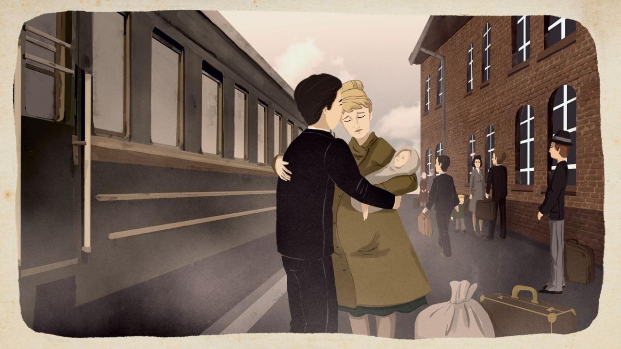 Verliebt, verlobt, verloren, Szenenbild: in Animation, ein Mann und eine Frau mit Baby im Arm umarmen sich auf einen Bahnsteig.