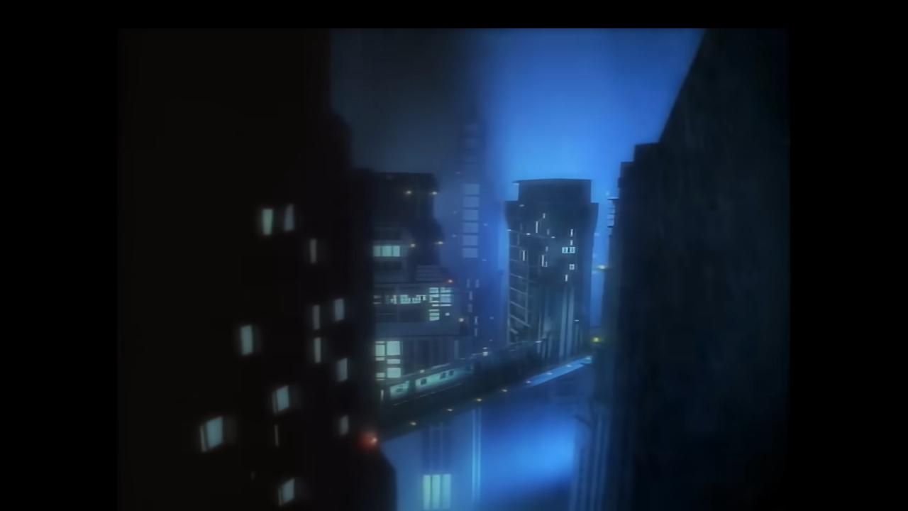 Still aus dem Musikvideo EXPRESS YOURSELF von Madonna: Panoramaansicht einer futuristschen Großstadt in der Nacht