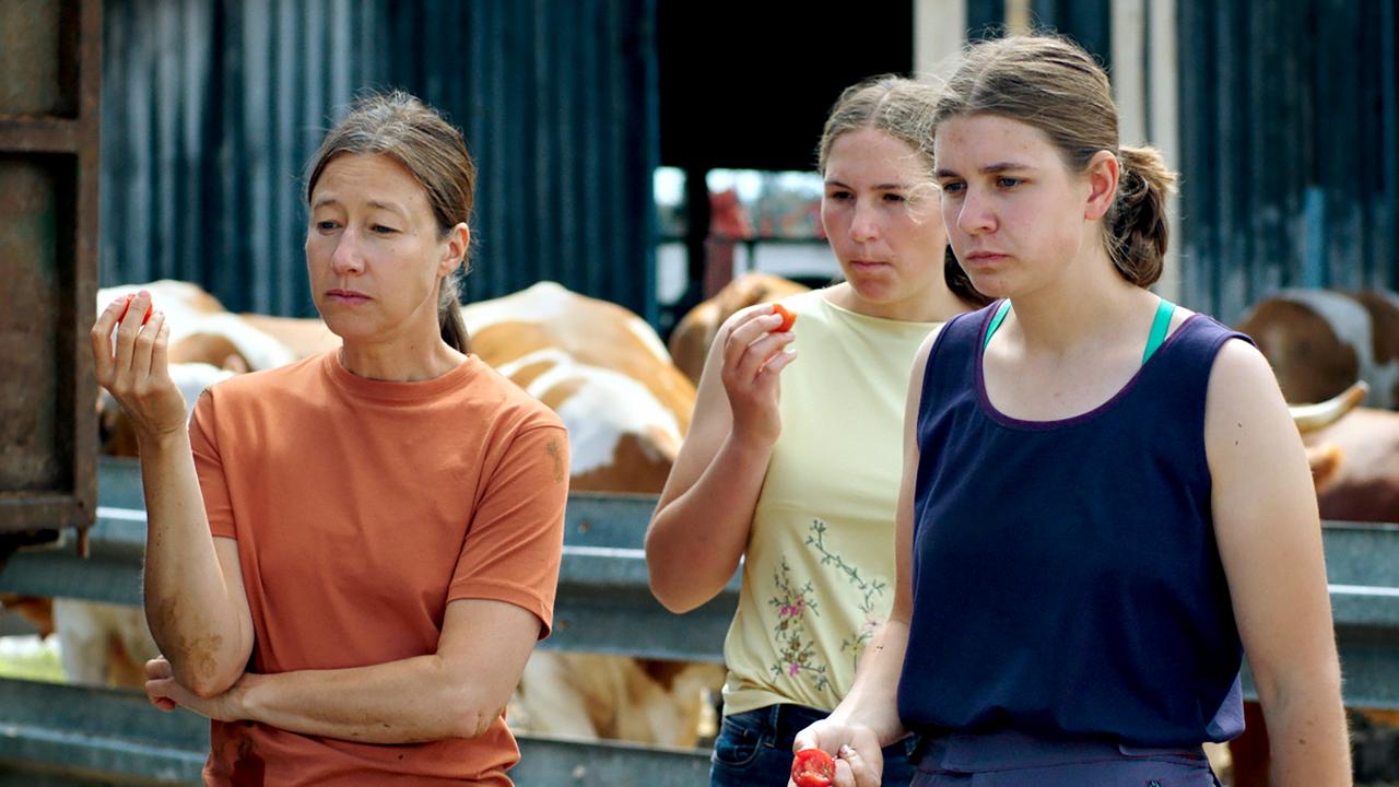 Still aus dem Drama MILCH INS FEUER: Drei Frauen unterschiedlichen Alters stehen in einem Hof und essen Tomaten. Hinter ihnen sind hinter einem Gatter Kühe zu sehen.