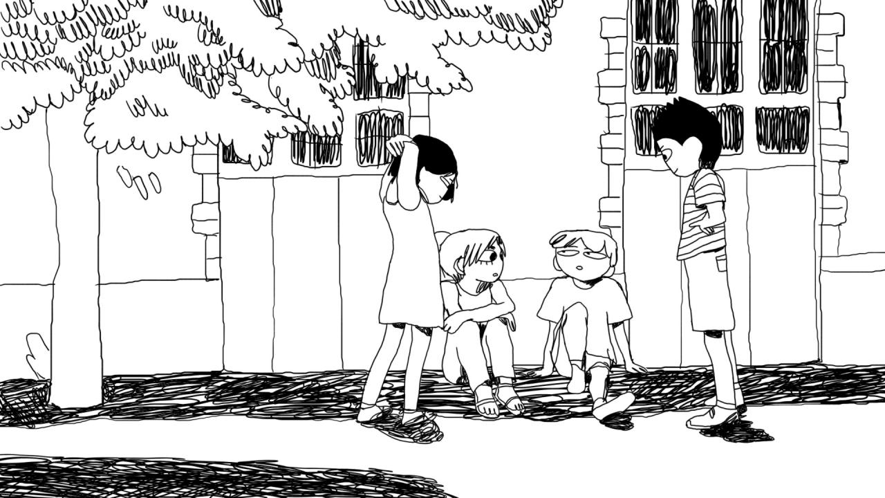 Schwarz-weißes Still aus der Animationsserie SAMUEL: Ein Junge sitzt vor einem Haus auf dem Boden un erzählt etwas. Neben ihm sitzt ein Mädchen, zwei andere Kinder stehen vor ihm und hören zu.