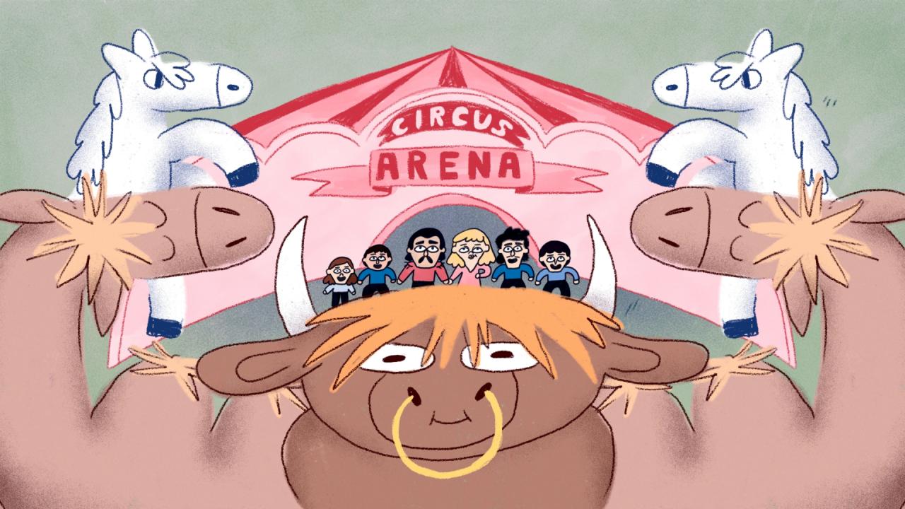 Still aus dem Dokumentarfilm ZIRKUSKIND: Gezeichnetes Bild von einem Zirkus: In der Mitte steht ein Stier, dabeben Pferde. Im Hintergrund ist ein Zirkuszelt mit dem Namen "Zirkus Arena" zu sehen, vor dem sich die Zirkusfamilie aufgereiht hat.