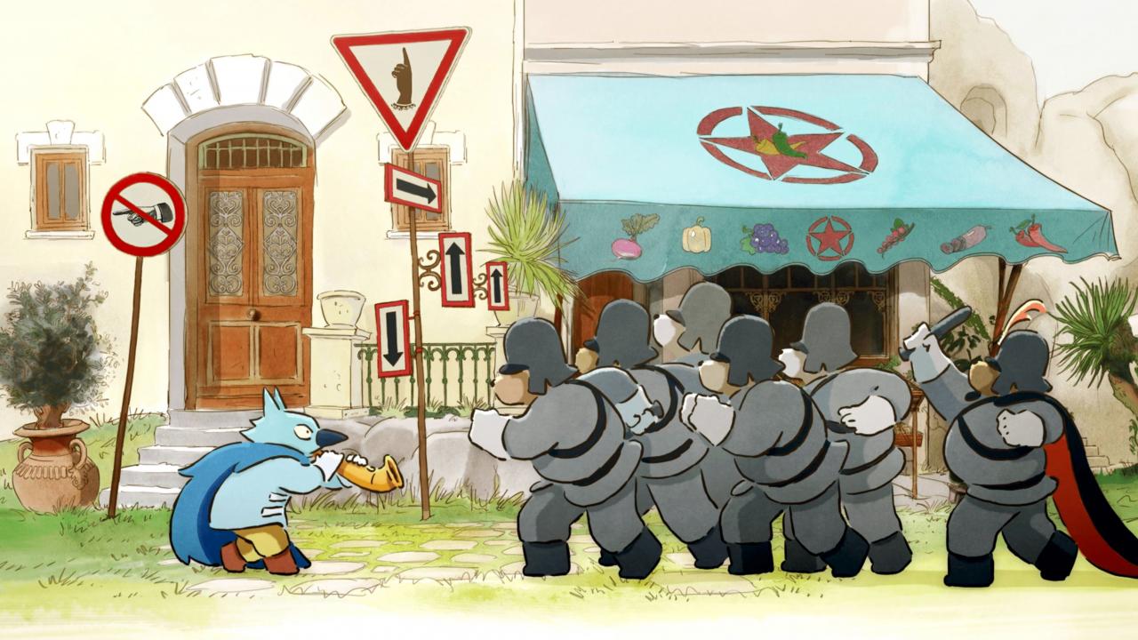 Still aus dem Animationsfilm ERNEST & CÉLESTINE: DIE REISE INS LAND DER MUSIK: Eine maskierte Figur spielt auf einem Saxophon. Sie steht vor einer Gruppe grau uniformierter Polizisten.