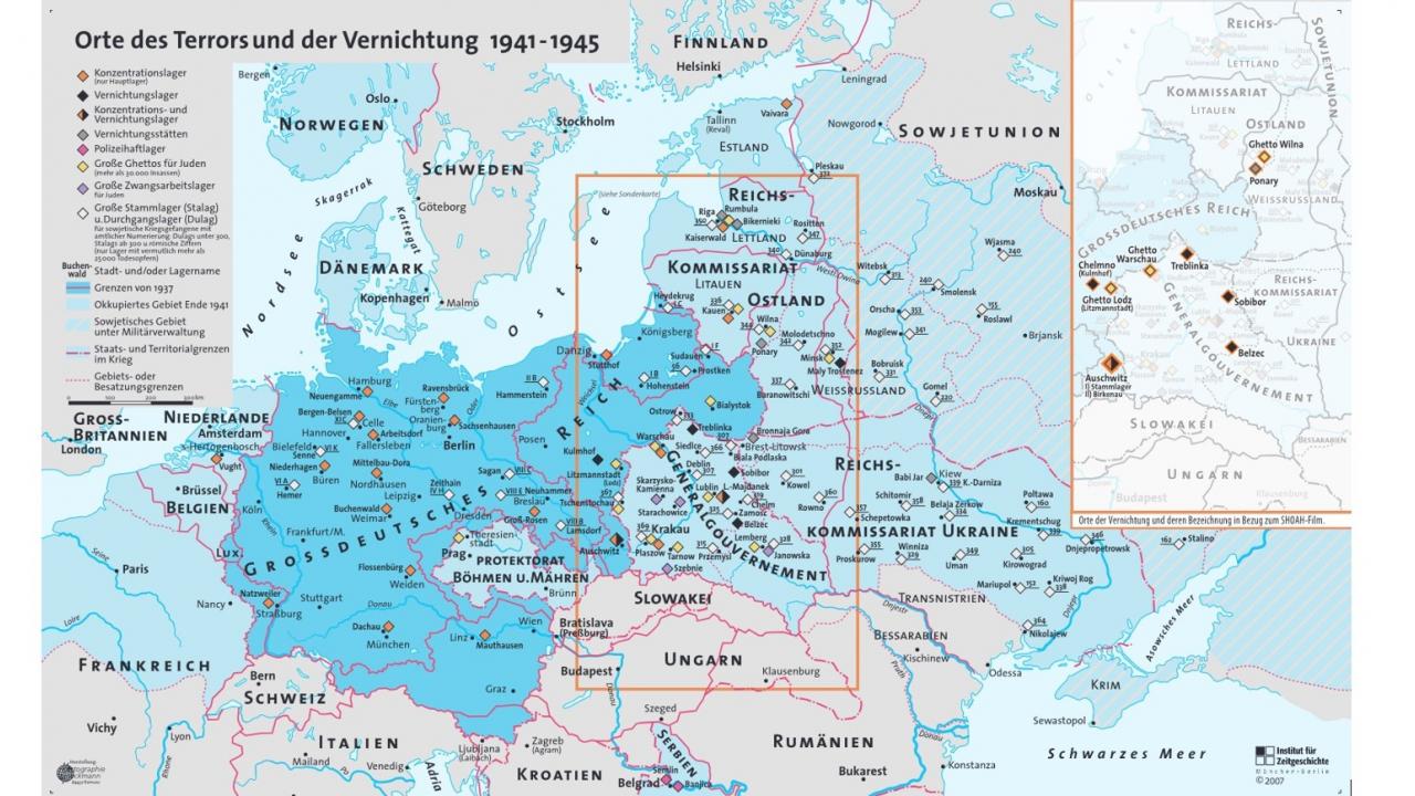 Landkarte, auf der die nationalsozialistischen Vernichtungslager und -orte verzeichnet sind