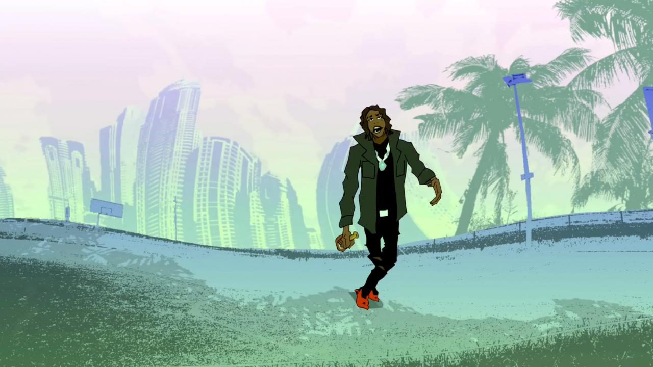 Screenshot aus dem animierten Video SUICIDAL von YNW Melly: Ein Mann läuft vor einer Stadtkulisse, die in sanften Grün- und Rosatönen gezeichnet ist.