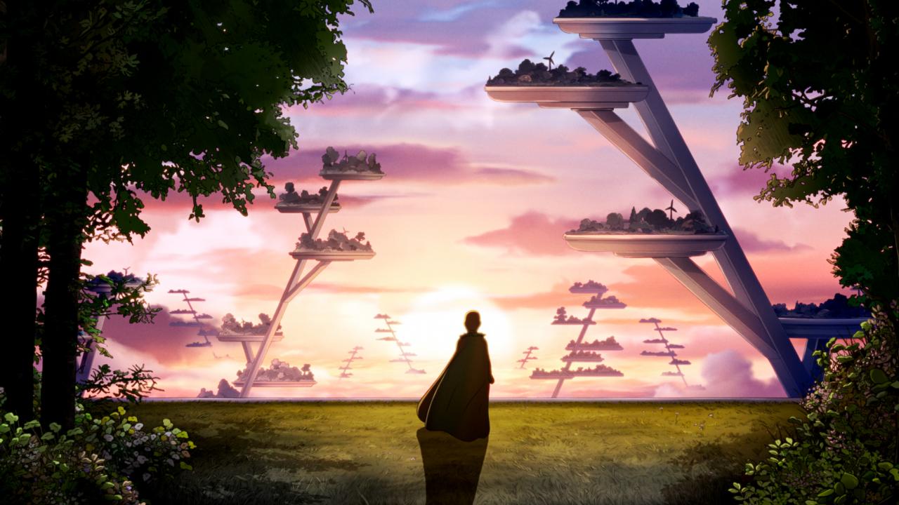 Filmstill aus dem Animationsfilm ARCO: Vor einem Wolkenhimmel im Abendrot sind silhouettenhaft eine menschliche Figuren, Bäume und in den Himmel ragende Konstrukte zu erkennen, auf denen kleine Biotope platziert sind.