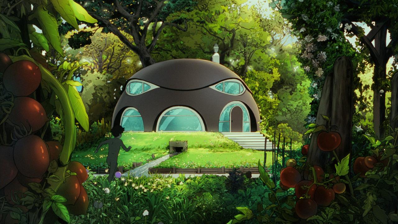 Still aus dem Animationsfilm ARCO: Ein Junge läuft auf ein rundes, organisch wirkendes Haus zu, das in üppiger Natur steht.