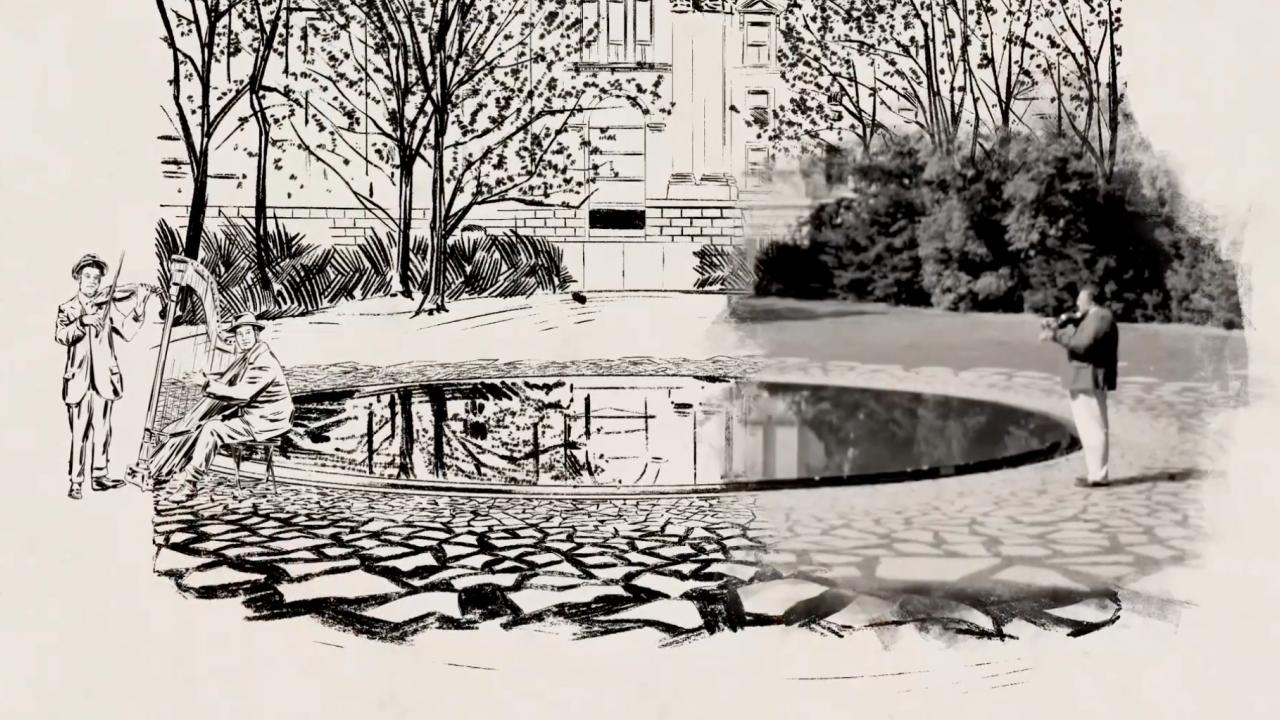 Screenshot aus dem Kurzfilm MENSCHEN KÖNNEN ZWEIMAL STERBEN: Am Denkmal der im Nationalsozialismus ermordeten Sinti und Roma Europas steht ein Geigenspieler. Während diese Bildhälfte fotografiert ist, ist die andere Hälfte gezeichent. Sort stehen zwei gezeichnete Männer. Der eine spielt Violine, der andere Harfe.