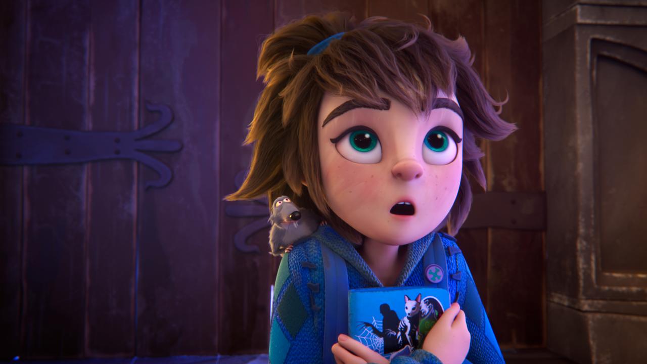 Still aus dem Animationsfilm MONSTER MIA: Großaufnahme eines Kindes, das ein Buch an sich drückt und sich fürchten scheint. Auf ihrer Schulter sitzt eine Maus oder eine Ratte.