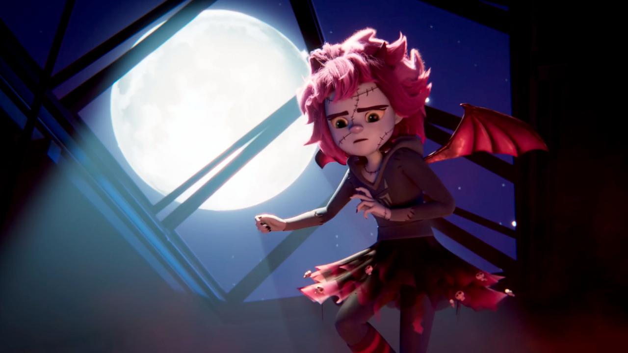 Still aus dem Animationsfilm MONSTER MIA: Ein großer Mond scheint hell durch ein Fenster. Davor ist ein Mädchen mit Narben im Gesicht zu sehen. Es trägt ein Kostüm mit Fledermausflügeln.
