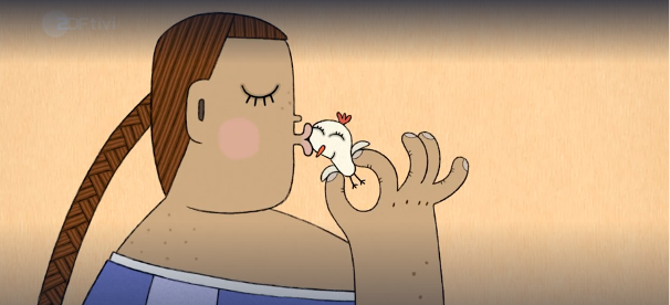 Animation: Profil einer Frau, die liebevoll einen kleinen Vogel küsst, den sie zwischen Daumen und Zeigefinger hält.