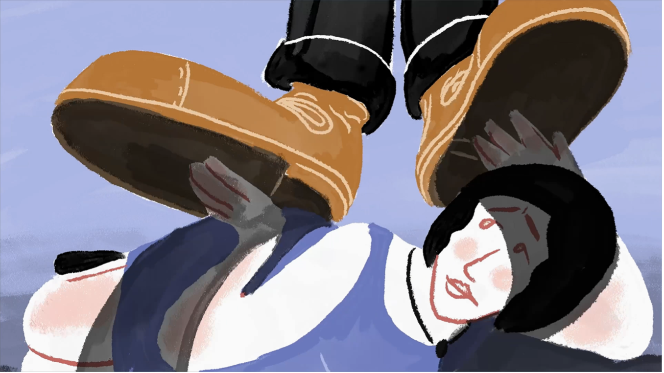 Animation: Männerfüße treten auf eine Frau.