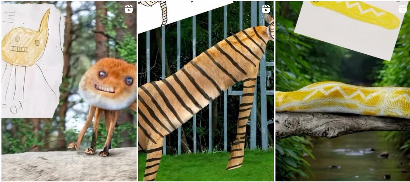 Screenshot aus dem Instagram-Account Instag.rai: Auf den drei hochformatigen, nebeneinander angeordneten Bildern sind drei Tiere zu sehen, die so verfremdet wie sie auf den neben jeweils neben ihnen befindlichen Kinderzeichnungen zu sind. Links ein pelziger Kopffüßler, in der Mitte ein Tiger mit langgestrecktem Körper und sehr kleinem Kopf und rechts ein gelber Schlangenleib mit weißgezacktem Muster. 