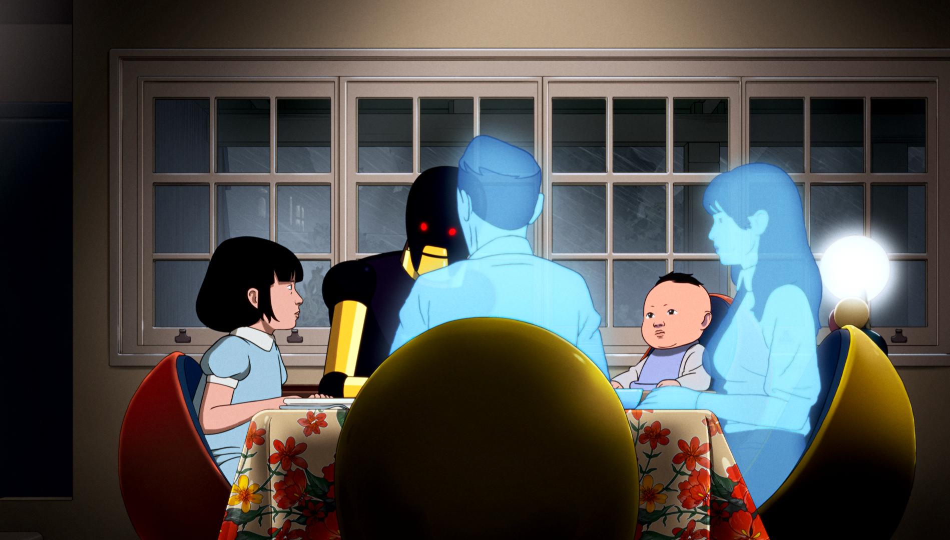 Still aus dem Animationsfilm ARCO: Eine Familie sitzt am Tisch. Die Eltern sind blau und wirken durchscheinend, während die beiden Kinder farbig und klar sind. Außerdem sitzt ein Roboter am Tisch.