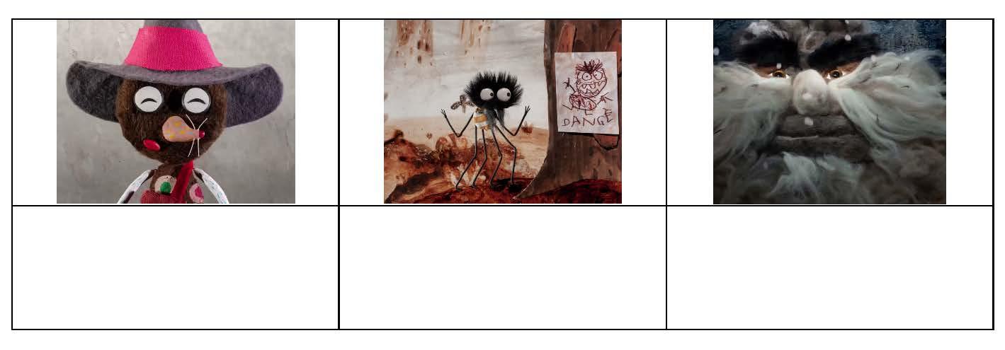 Das Bild zeigt drei sehr unterschiedliche Fantasiefiguren. Links ist eine freundliche Puppe mit großem Hut und geschlossenen Augen zu sehen, in der Mitte ein kleines schwarzes Wesen mit langen Beinen vor einem Baum, und rechts ein alter Mann mit buschigen Augenbrauen, Bart und geheimnisvollem Blick. Die Figuren wirken wie Charaktere aus einem Kinderbuch oder Animationsfilm und unterscheiden sich deutlich in ihrem Aussehen und ihrer Stimmung: freundlich, neugierig und geheimnisvoll.
