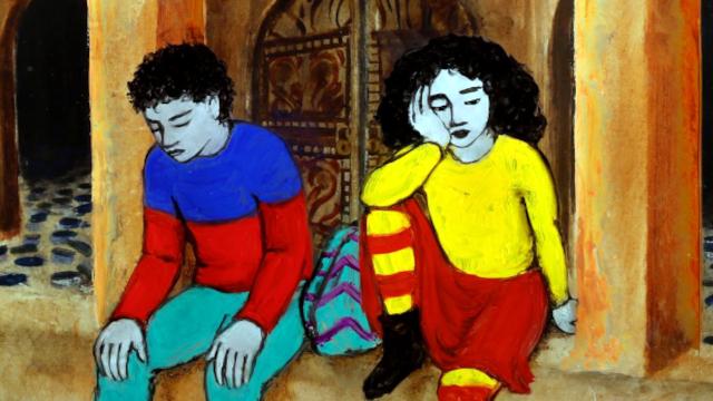 Die Odyssee, Szenenbild aus dem Animationsfilm: Ein Mädchen und ein Junge sitzen auf der Stufe eines Gebäudes. Sie wirken niedergeschlagen.